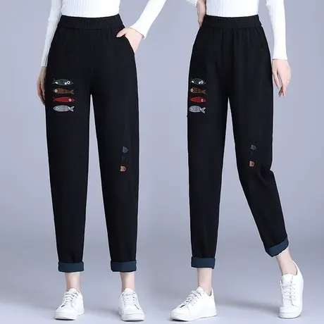 高腰哈伦牛仔裤女春秋季2023年新款大码显瘦萝卜黑色中年老爹裤子图片