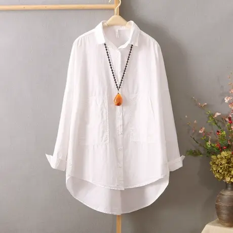 中长款简约文艺范BF风衬衣女长袖前短后长白衬衫女休闲宽松打底衫图片