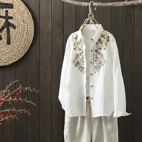 枫谜2022年春季新款翻领苎麻衬衣女文艺复古刺绣长袖衬衫休闲上衣图片