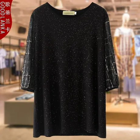 大码中年妈妈夏装宽松上衣时尚遮肚亮晶晶蕾丝拼接纯棉短袖T恤女商品大图