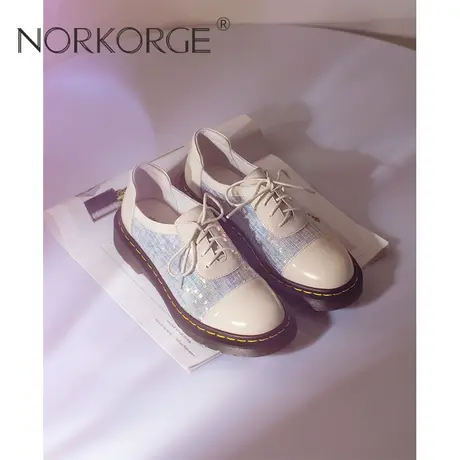 2023新款春秋仙女风白色系带单鞋女鞋真皮圆头厚底粗跟温柔小皮鞋商品大图