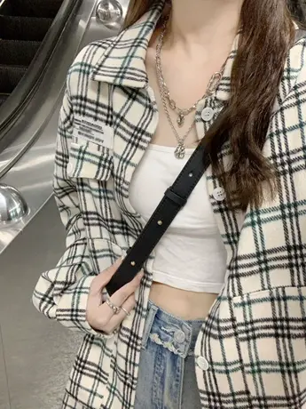 格子衬衫女2023新款早春上衣宽松设计感小众法式别致长袖衬衣外套图片