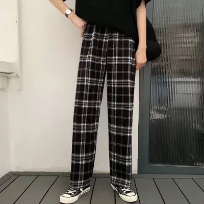 黑白格子裤子女夏季薄款高腰宽松直筒垂感网红休闲裤复古阔腿长裤商品大图