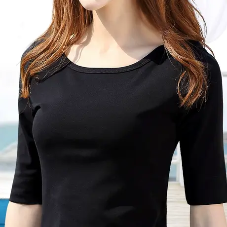 黑色锁骨一字肩上衣女高端春夏季白色性感韩版短款中袖七分袖t恤商品大图