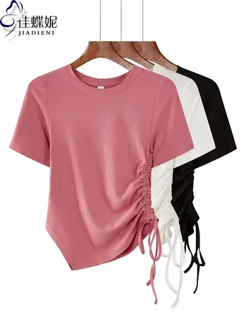 夏季新款韩版圆领纯棉修身纯欲抽绳短款短袖体恤上衣内搭女打底衫商品大图