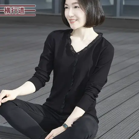 V领花边长袖T恤女装鸡心领纯色大码棉质宽松休闲2023新款冬装上衣商品大图