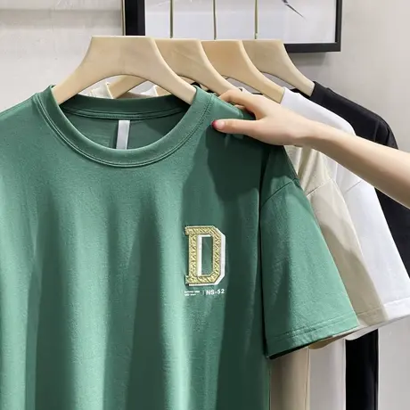 夏季美式休闲刺绣潮男韩版百搭宽松重磅短袖T恤青少年休闲打底衫商品大图