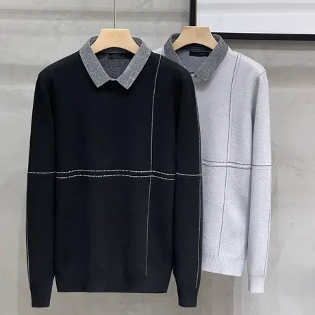 秋冬季厚款保暖假两件衬衫领毛衣男长袖修身商务休闲套头针织衫男商品大图