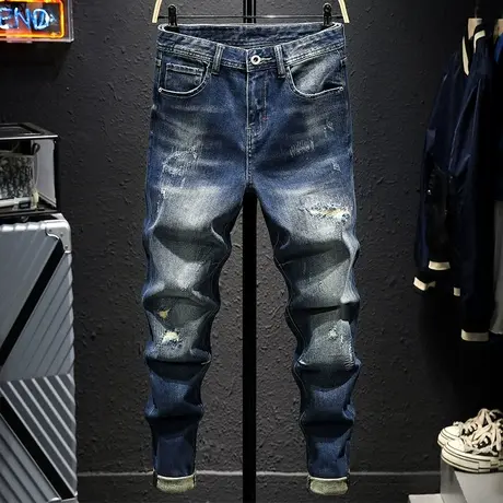 春夏款潮牌破洞牛仔裤男修身小直筒百搭男士显瘦韩版潮高档裤子男商品大图