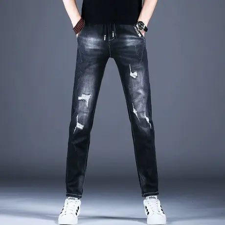 男士抽绳破洞拼接牛仔裤男款2023新款秋款季裤子修身小脚弹力百搭商品大图