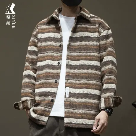 希越日系条纹复古水洗衬衫男2023秋季宽松大码550克重磅开衫外套商品大图