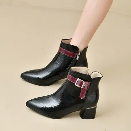 2023年秋冬新款舒适方头复古粗跟短靴女单靴侧拉链拼色高跟裸靴图片