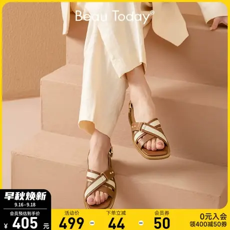 BeauToday罗马凉鞋女春夏平底新款真皮一字带英伦风女鞋时装凉鞋商品大图