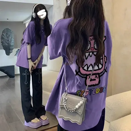 大码胖mm新款夏季重磅短袖t恤女美式复古小众时髦减龄上衣2-300斤图片