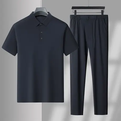罗蒙夏季中年男装冰丝POLO衫爸爸装短袖套装中老年人爷爷夏天衣服商品大图
