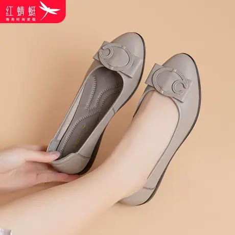 红蜻蜓女鞋2025新款灰色中老年软底妈妈鞋春秋真皮浅口平底女单鞋商品大图
