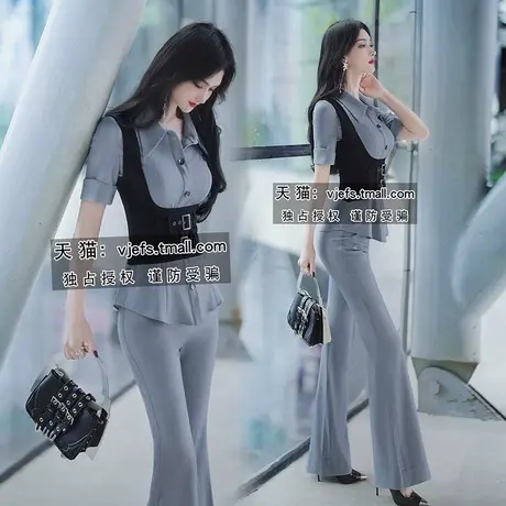 VJE气质减龄OL职业套装女2023新款设计感衬衫马甲微喇叭裤三件套商品大图