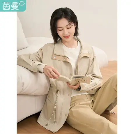 【商场同款】茵曼2023春女装新款时尚立领收腰中长款学院风外套图片