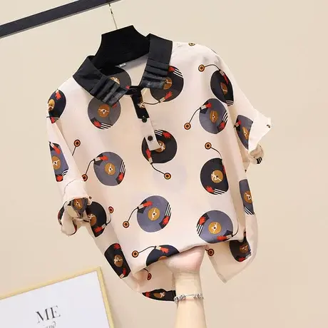 2023夏季欧根纱翻领碎花印花时尚雪纺衫短袖衬衣女气质洋气小衫商品大图