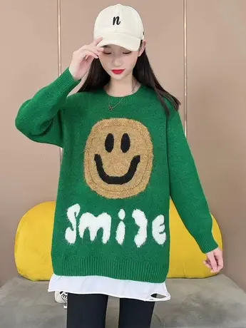 假两件针织毛衣女新款2023秋季宽松休闲笑脸字母圆领宽松显瘦上衣商品大图