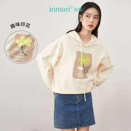 【商场同款】茵曼宽松女2023年春季新款连帽印花休闲落肩全棉卫衣图片