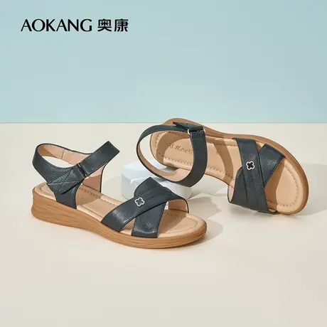 奥康女鞋夏新款优雅一字带露趾凉鞋时尚通勤百搭休闲妈妈凉鞋图片