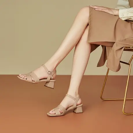 夏季新款一字扣带全真皮凉鞋女法式复古粗跟时尚气质舒适百搭女鞋商品大图
