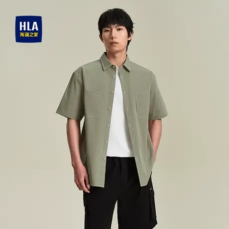 HLA/海澜之家胸前口袋装饰短袖衬衫25夏季新方领时尚休闲短衬衣男图片