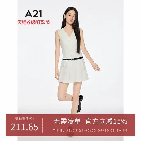 A21女装三色可选无袖V领连衣裙2025夏季新款简约单排扣百褶A字裙图片
