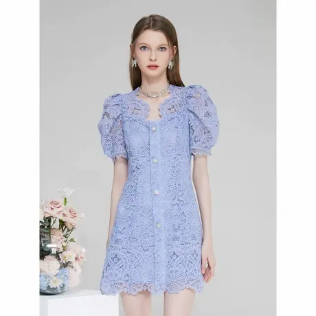 爵莱菲大码品牌女装2025夏季新款法式轻熟泡泡袖蕾丝连衣裙女图片