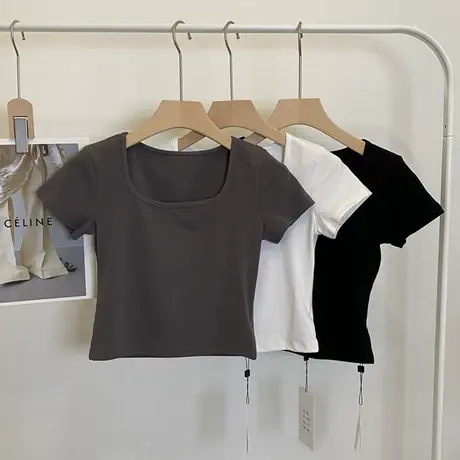 美式复古正肩短袖t恤女ins夏季2023新款小众辣妹修身显瘦短款上衣商品大图