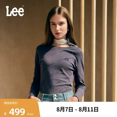 Lee商场同款25早秋新品修身版圆领插肩袖植绒印花女轻薄长袖T恤商品大图