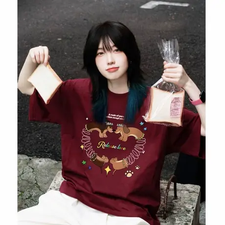 美式复古爱心小狗印花酒红色短袖t恤女夏季新款宽松休闲重磅上衣图片