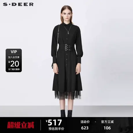 sdeer圣迪奥女装休闲翻领收腰网纱拼接衬衫连衣裙S21381207图片