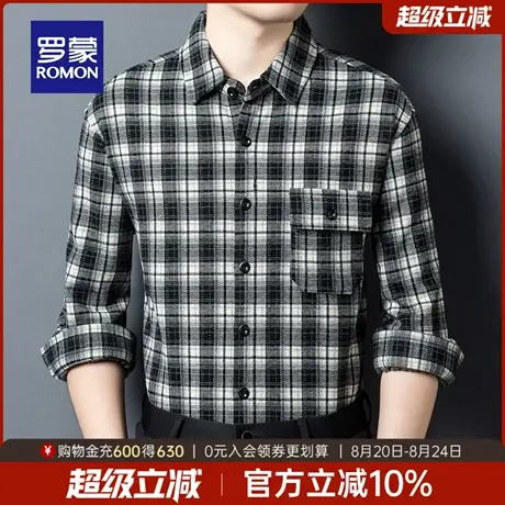 罗蒙男士日常简约长袖衬衫2025秋季新款中老年时尚翻领格子衬衣男商品大图