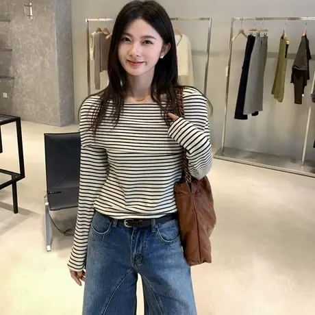 十三行秋季新款翻领条纹一字肩长袖T恤女舒适柔软显瘦百搭上衣潮商品大图