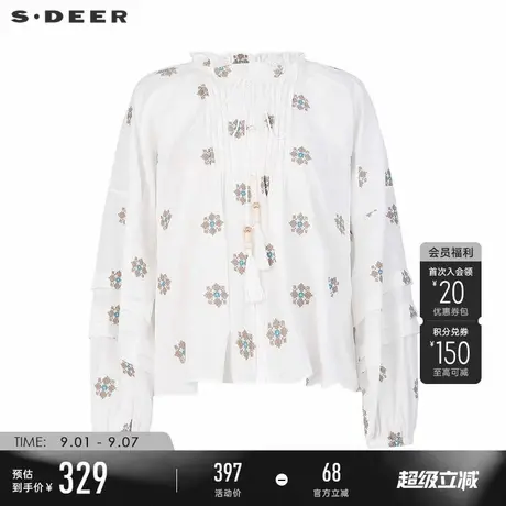 sdeer圣迪奥女装25年新品木耳边圆领压褶绣花长袖上衣S252Z3240图片