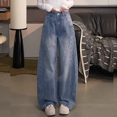 尔给初秋设计感竹节纹磨白牛仔裤女复古宽松百搭高腰阔腿小弯刀裤图片