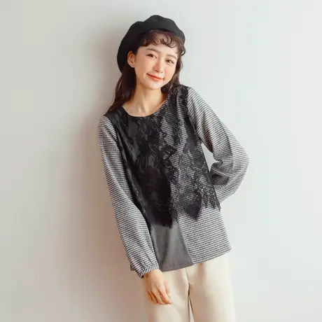 桔熊秋冬季复古千鸟格子拼接蕾丝舒适不对称上衣女装大码AB16434商品大图