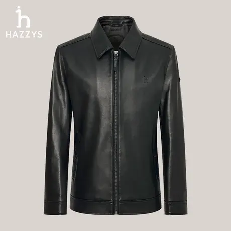 HAZZYS哈吉斯秋冬新款男士翻领拉链皮衣时尚潮流通勤黑色外套商品大图