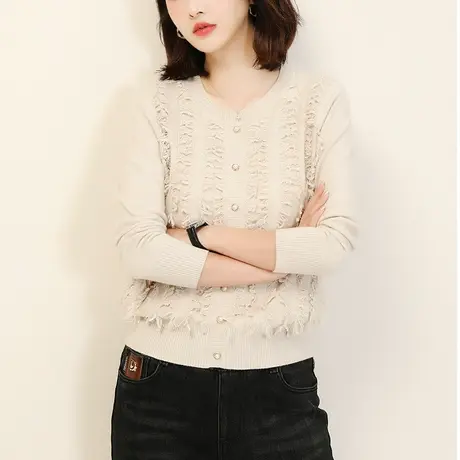 新品8.5折】高端圆领流苏毛衣女宽松长袖套头打底针织衫图片