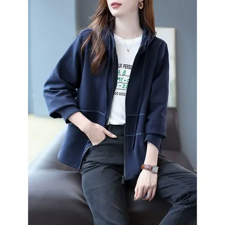 宝诗黎纯色连帽棉质拉链开衫卫衣女2023春秋季新款宽松休闲短外套商品大图