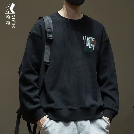 希越男士针织卫衣2023秋冬潮牌设计感圆领长袖宽松大码套头打底衫商品大图