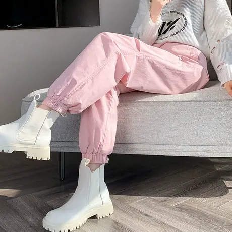 轻薄羽绒裤女冬季外穿新款高腰直筒加厚粉色束脚工装白鸭绒女棉裤图片