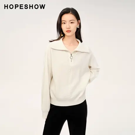 红袖outlets绞花拉链翻领套头毛衣hopeshow2023冬宽松休闲针织衫图片