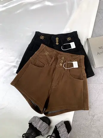 韩版小众排扣加绒短裤2023冬季新款加厚保暖高腰阔腿裤弹力包臀裤图片