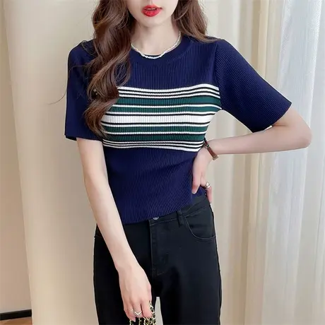 唐狮新款女前胸条纹设计感短袖针织衫圆领短款T恤辣妹潮酷上衣yd5图片