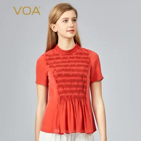 VOA30姆米重磅砂洗真丝拼接乔其丝绸立体褶裥半高领短袖桑蚕丝T恤图片