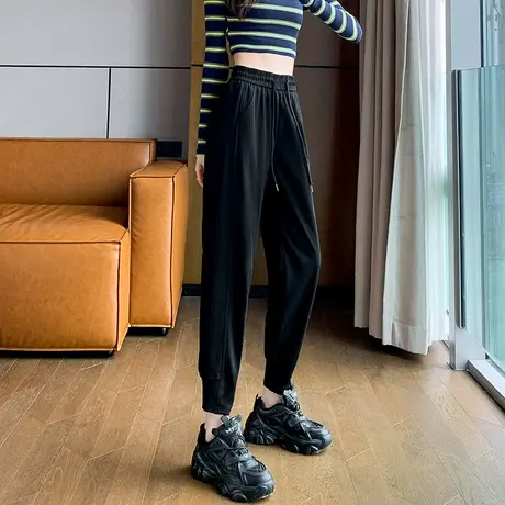 黑色九分束脚运动裤女秋季高腰显瘦萝卜裤休闲松紧腰百搭哈伦卫裤商品大图