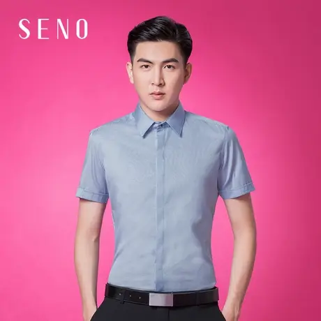 seno浅蓝色条纹短袖衬衫男商务休闲青年男装职业修身免烫衬衣大码商品大图